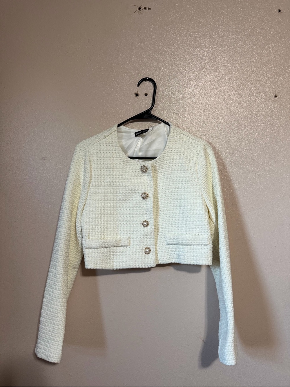 SHEIN Cream Cropped Bouclé Blazer with Decorative Buttons